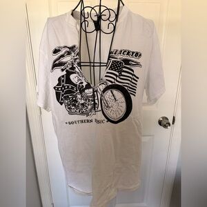 Gildan White Short Sleeve Tee with Black Motorcycle & Flag Design